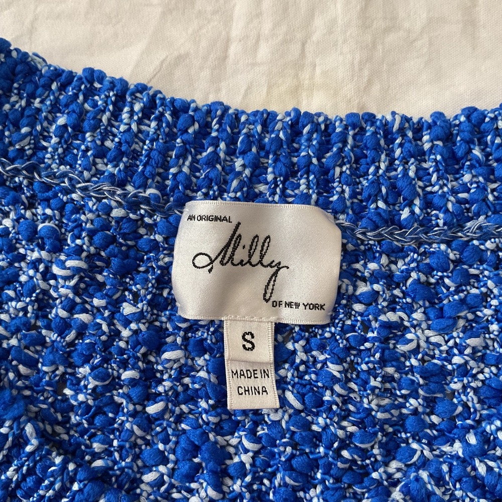 Milly New York Sweater Top S Blue Textured Popcorn Knit Button Tab Short Sleeve - Picture 12 of 15